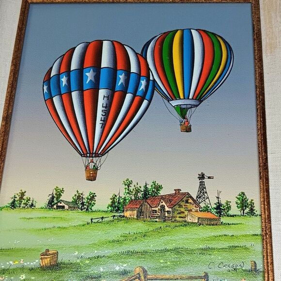C. Carson Framed Oil Painting Hot Air Balloons Over Farm Scene Signed Picture - Picture 2 of 9